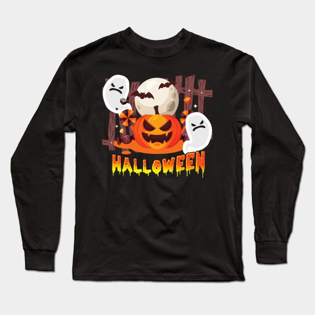 Halloween Pumpkin Candy Ghosts Moon Bat Scary Spooky Costume Long Sleeve T-Shirt by nathalieaynie